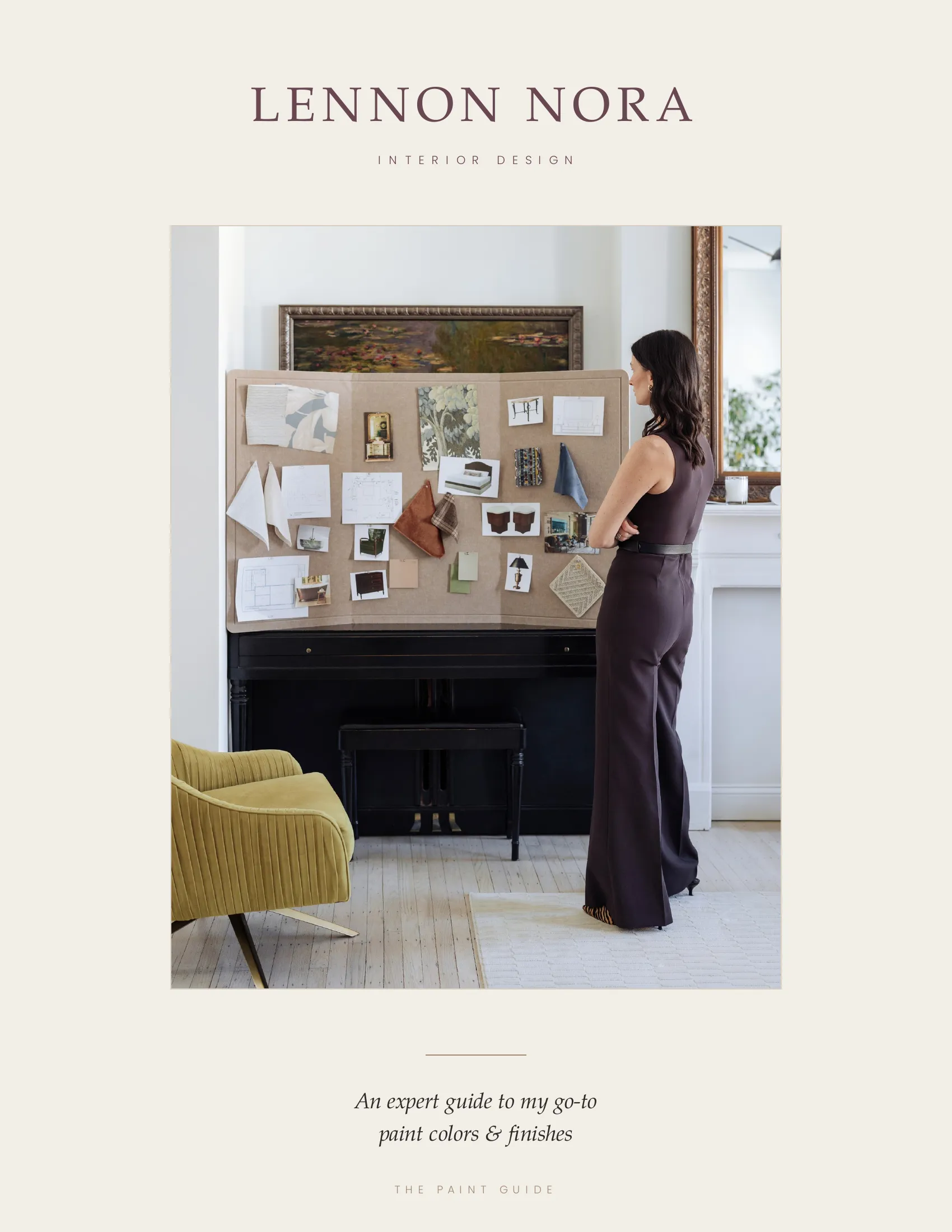 Cover of The Lennon Nora Paint Guide, showing Christie Fleming beside a design board of paint and fabric samples